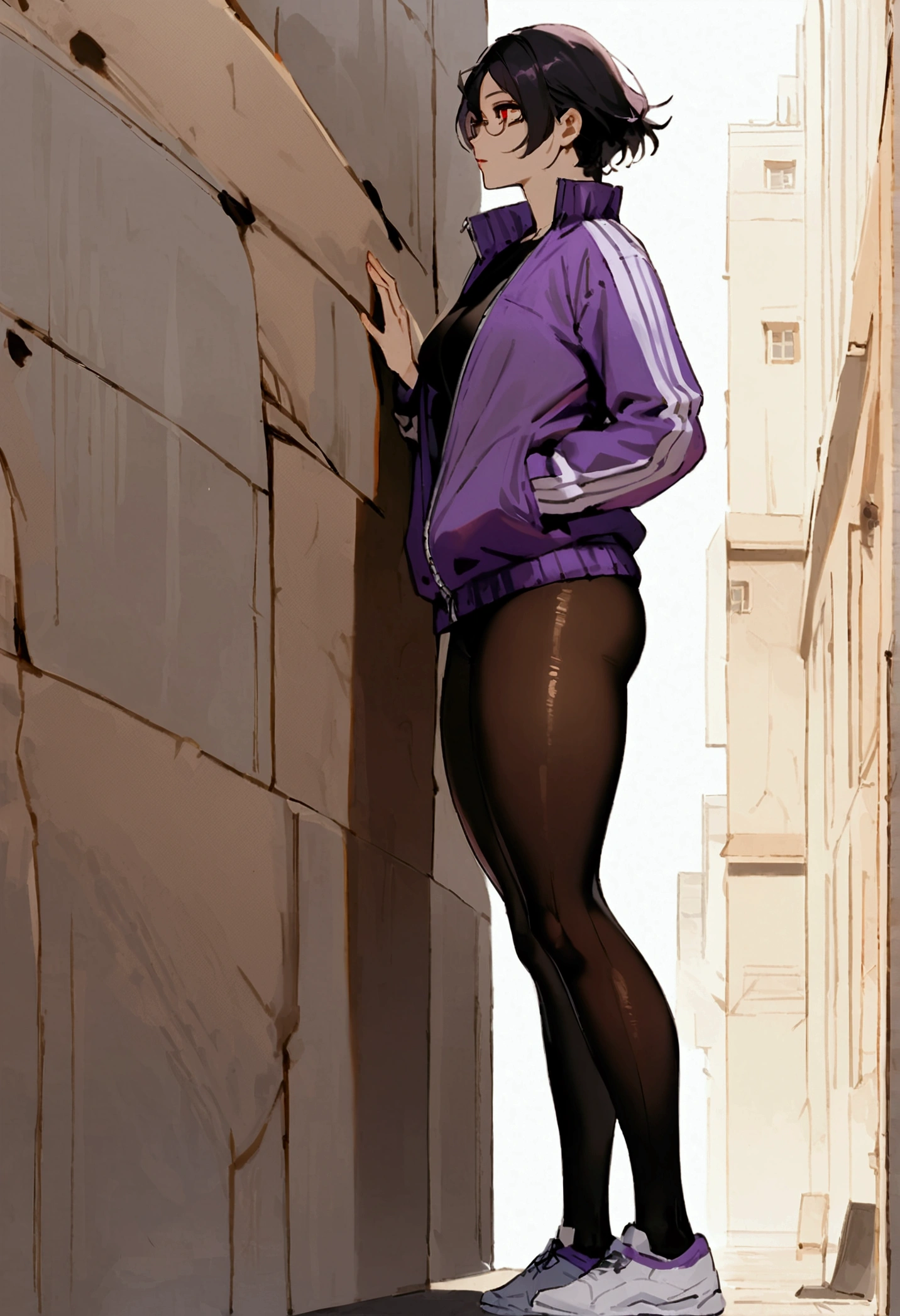 standing,alone,leaning against a broken wall,short hair,work of art,face detailed,beautiful young fitness woman with , in a gym wearing May with black pantyhose, white and purple tight short gym jacket. standing alone,red eyes glowing,Evil smile,legging preto ,labiaa,dark eye shadow,shining eyes,a hand leaning against the wall,neckleace,jacket zipper half open,Tight black shirt,white sports tennis shoes,short hair with purple details,beautiful curves,whole body,hair with purple details,labiaa,detailed face and eyes,work of art,sexy look,pefil from sideways,from sideways,wind in your hair,fully body,glasses on eyes,Raby tempestade,cloudy wall,portra,Raby