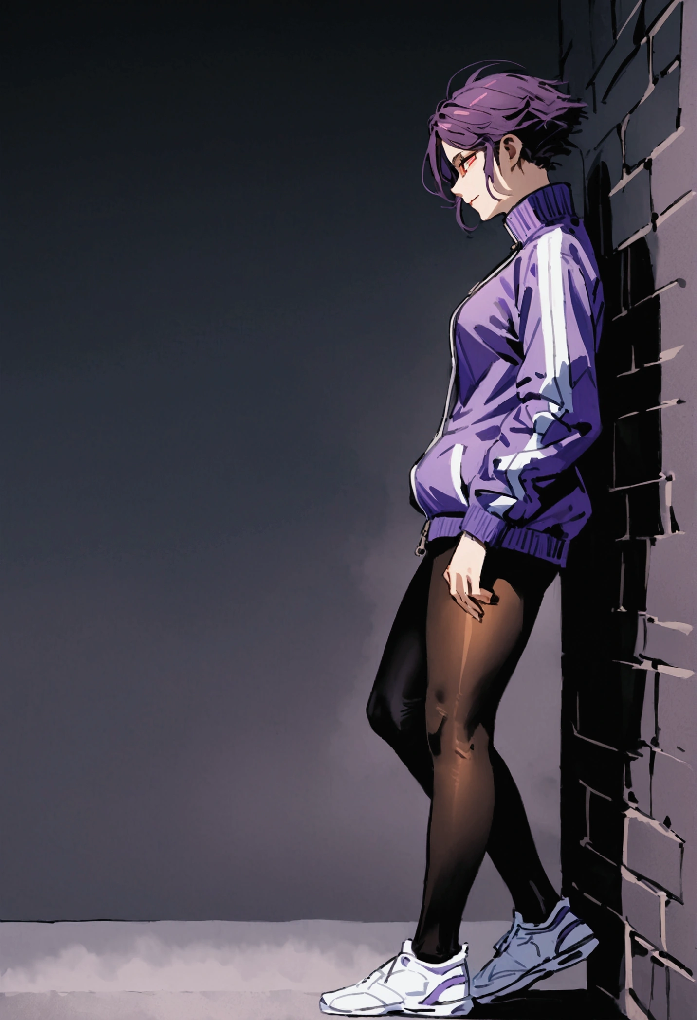 standing,alone,leaning against a broken wall,short hair,work of art,face detailed,beautiful young fitness woman with , in a gym wearing May with black pantyhose, white and purple tight short gym jacket. standing alone,red eyes glowing,Evil smile,legging preto ,labiaa,dark eye shadow,shining eyes,a hand leaning against the wall,neckleace,jacket zipper half open,Tight black shirt,white sports tennis shoes,short hair with purple details,beautiful curves,whole body,hair with purple details,labiaa,detailed face and eyes,work of art,sexy look,pefil from sideways,from sideways,wind in your hair,fully body,glasses on eyes,Raby tempestade,cloudy wall,portra,Raby