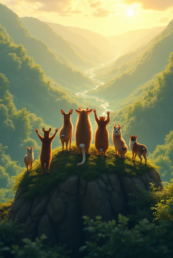 Image 4: Reaching the Summit
The animals reaching the top of the hill with joyful expressions. They are looking out over the stunning forest view below, with the sun shining and a beautiful landscape spread out before them.
