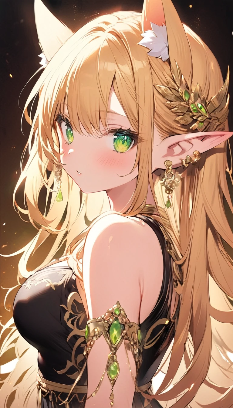 (1girl:1.3), (elf girl:1.3), (long blonde hair:1.2), (vibrant green eyes:1.3), (black dress:1.2), (seductive pose:1.1), (hand raised:1.0), (detailed clothing:1.1), (pointed ears:1.2), (delicate jewelry:1.1), (shadowverse style:1.2), (clean anime art:1.2), (feminine beauty:1.1), (gentle blush:1.0), (subtle lighting:1.0), (white background:1.0), (increasing the weight makes things worse)