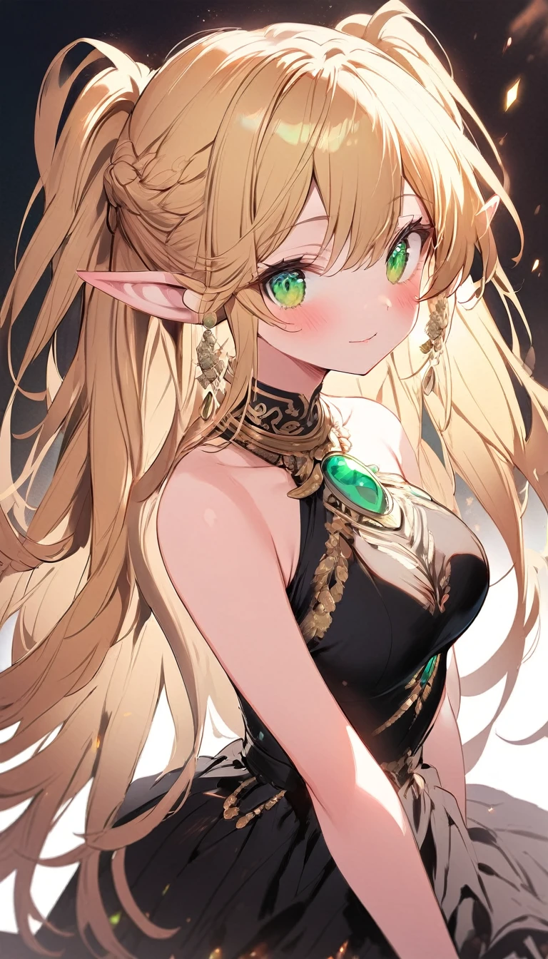 (1girl:1.3), (elf girl:1.3), (long blonde hair:1.2), (vibrant green eyes:1.3), (black dress:1.2), (seductive pose:1.1), (hand raised:1.0), (detailed clothing:1.1), (pointed ears:1.2), (delicate jewelry:1.1), (shadowverse style:1.2), (clean anime art:1.2), (feminine beauty:1.1), (gentle blush:1.0), (subtle lighting:1.0), (white background:1.0), (increasing the weight makes things worse)