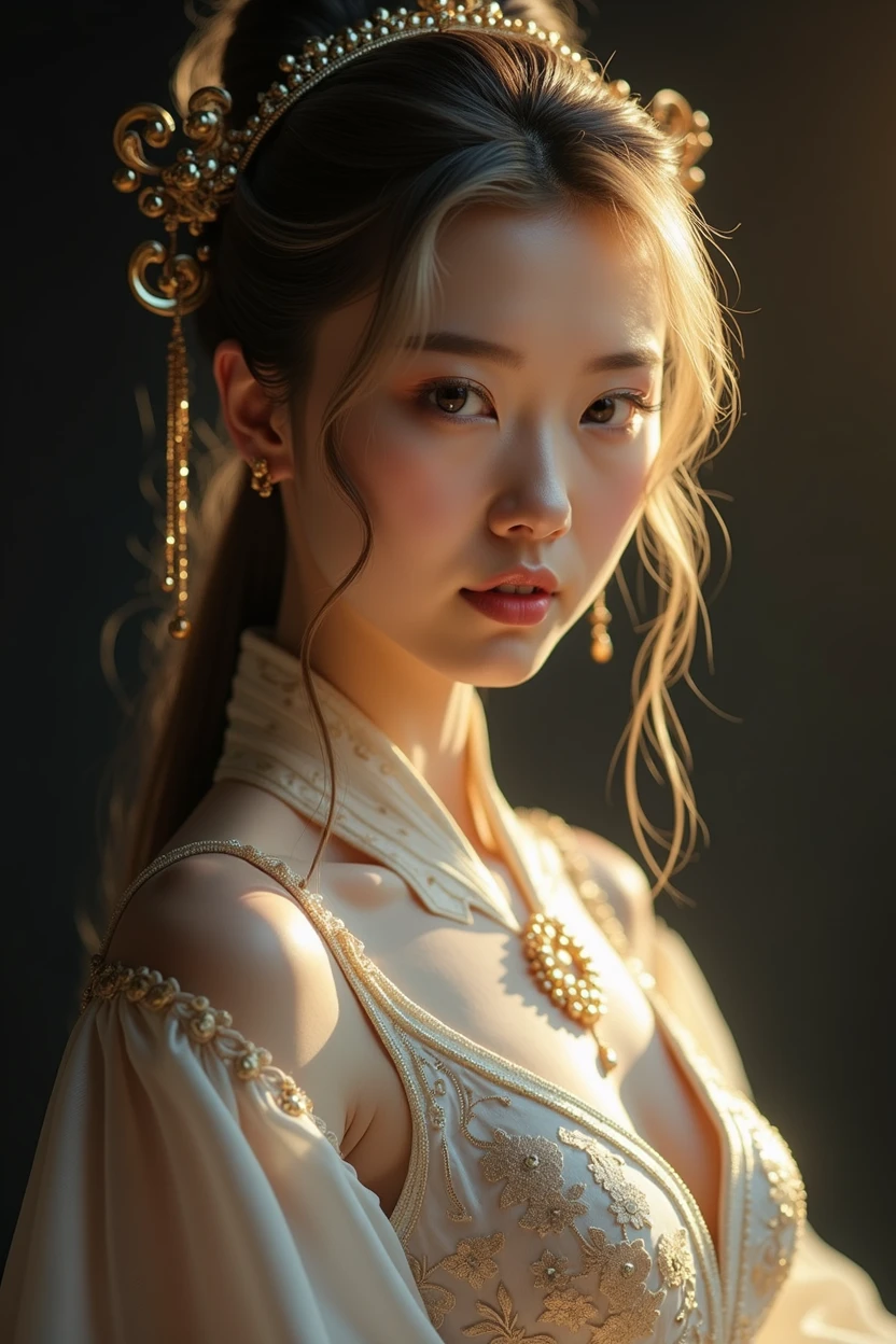 best quality, masterpiece, highres, 1girl,china dress,hair ornament,necklace, jewelry,Beautiful face,upon_body, tyndall effect,photorealistic, dark studio, rim lighting, two tone lighting,(high detailed skin:1.2), 8k uhd, dslr, soft lighting, high quality, volumetric lighting, candid, Photograph, high resolution, 4k, 8k, Bokeh, blonde hair,