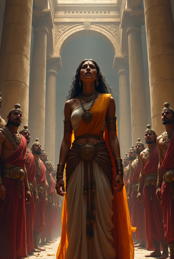 Draupadi is publicly humiliated in the Kaurava court, depicting her distress and the grandeur of the courtroom.