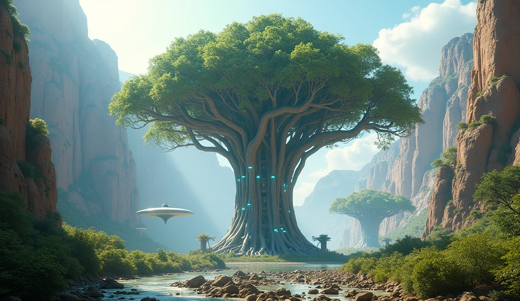 create a futuristic and modern image of a large tree under a canyon