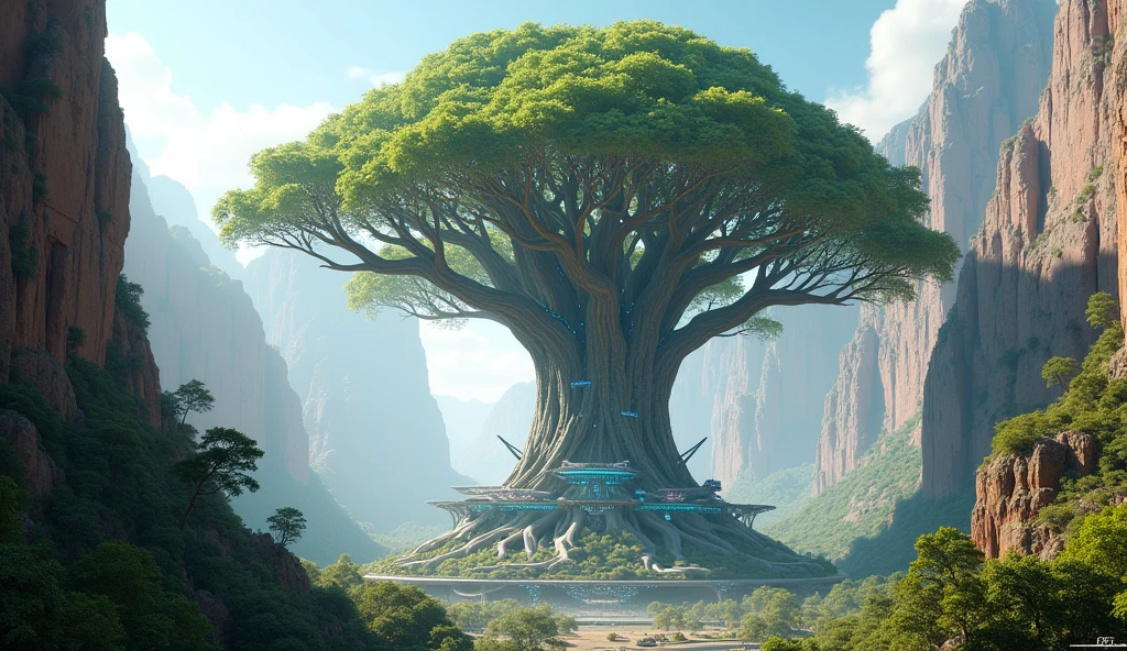 create a futuristic and modern image of a large tree under a canyon