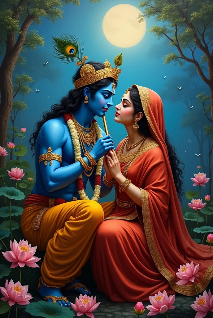 Impasto Oil Painting, Krishna and Radha, divine couple, moonlit garden,
Krishna: blue skin, peacock feather crown, yellow dhoti, playing flute
Radha: 20yr old, beautiful, profile, gazing at Krishna, red and gold sari
Lotus pond, fireflies, peacocks
Hyper-realistic oil painting, masterpiece artwork
Ethereal glow, divine radiance
Vibrant colors, soft moonlight
Romantic atmosphere, eternal love
Lush nature background, swaying trees
Intricate details, flowing fabrics
Reverent look, devotional pose
Spiritual energy, bhakti emotion
Celestial aura, transcendent beauty