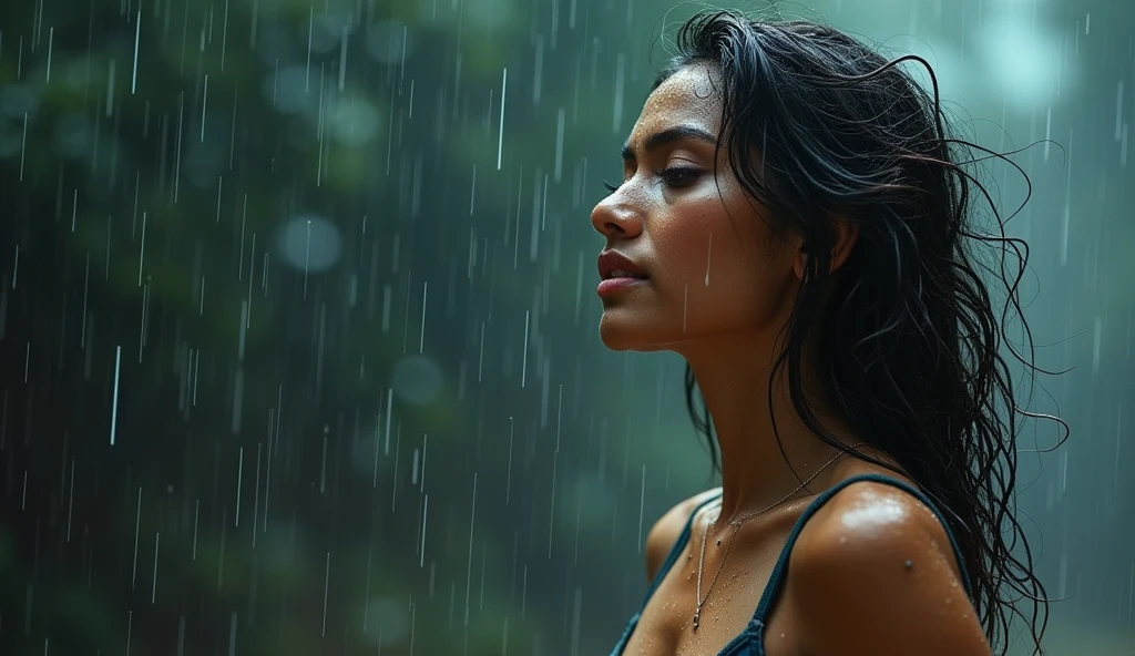 A beautiful light skin indian woman dancing in heavy rain, wet face, wet body, messy hair, high resolution, ultra-detailed, extremely detailed, put the woman more on the right part of the screen. Picture has to be for a album cover