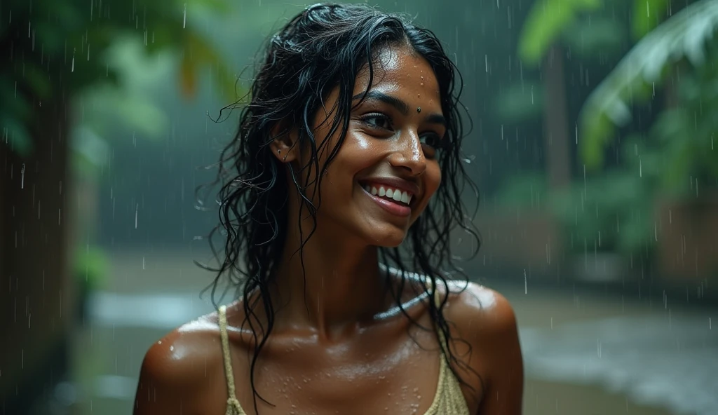 A beautiful light skin indian woman dancing in heavy rain, wet face, wet body, messy hair, high resolution, ultra-detailed, extremely detailed, put the woman more on the right part of the screen. Picture has to be for a album cover