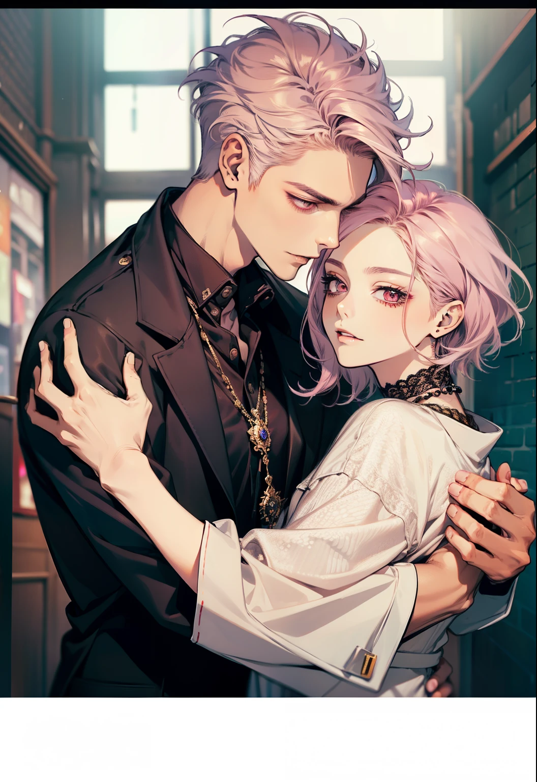 ​masterpiece, top-quality, 2Others, Male and female couples, 1 man and 1,, Adults, Height difference, different fashion, different color, finely eye and detailed face, intricate detailes, Casual clothing, Oversized shirt, Modern urban streets, Hands on back, A smile, Happiness, tenderness, high-level image quality、 beautiful male、tall、hug from behind、Trying to kiss、window、nightfall、nighttime scene、𝓡𝓸𝓶𝓪𝓷𝓽𝓲𝓬、Korean Male, Idol Photos, k pop, Professional Photos, Vampires, Korean fashion in black and white, By Fedman with a necklace, inspired by Sim Sa-jeong, androgynous vampire, :9 detailed face: 8, extra detailed face, detailed punk hair, ((asa)) baggy eyes, Seductive. Highly detailed, semi realistic anime, Vampires, hyperrealistic , delicate androgynous prince, imvu, short hair above the ears, Man with short hair, Woman with long hair, A man with a glaring expression and a woman with a gentle expression, With a short-haired man with bright purple hair, Woman with pretty long pink hair