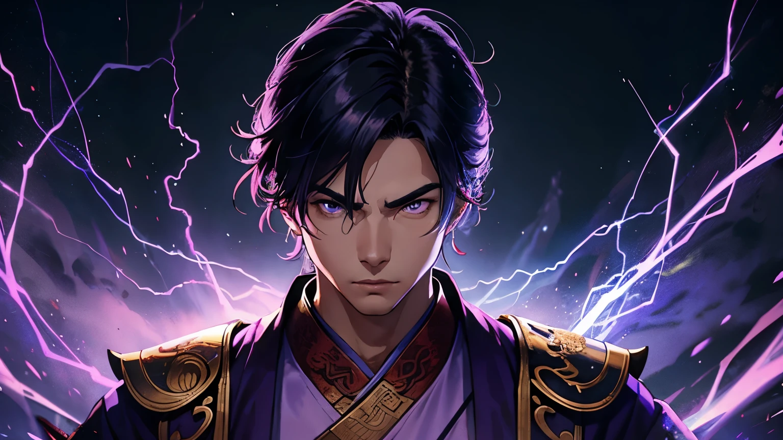 close-up of the character's portrait, a man, dressed as a martial artist from ancient China, purple clothing, standing in front of the camera, ancient Chinese setting, electricity theme, night, thunder falling to the ground and circling the character
