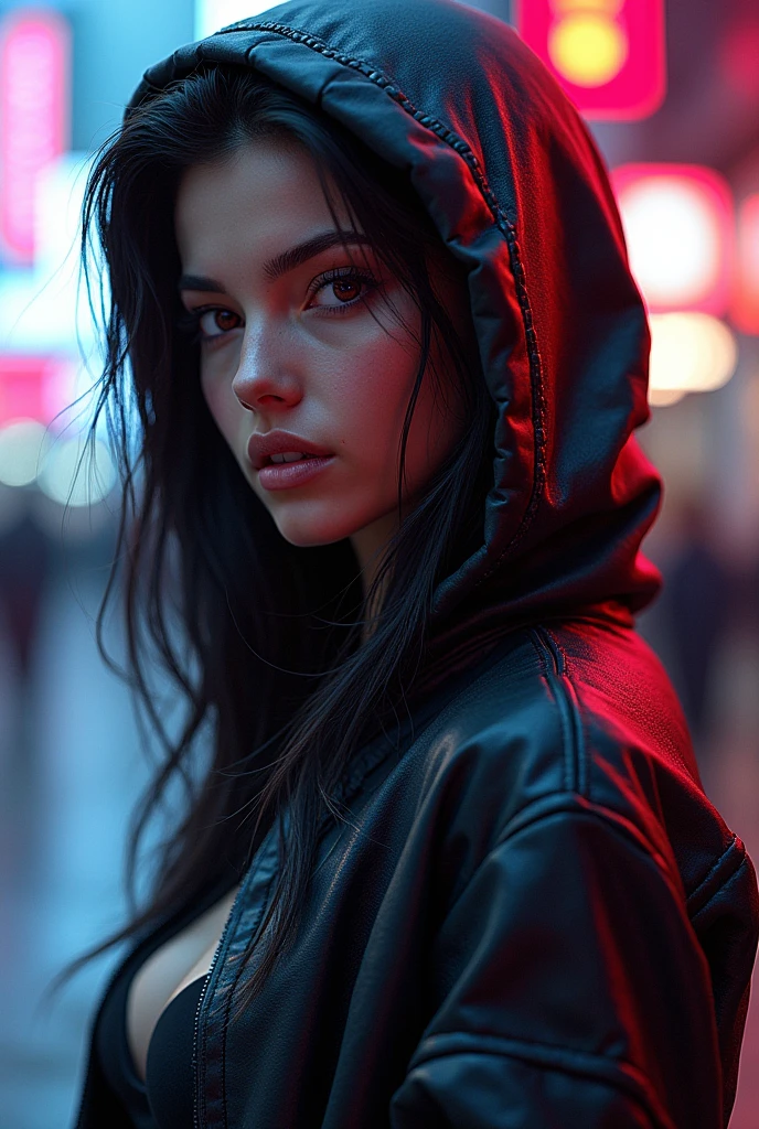 1girl: she has black hair tied in ponytail, white skin, she is tall and slim, she has green eyes and freckles on her face, nice lips painted with strong, red lipstick, her neck has small scar. She is dressed in black sport-type hoodie, this hoodie is unzipped, she is naked under this hoodie, she has visible naked small  with dark titts, jeans shorts, black shoes, blurry, blurry background, city, cyberpunk, cyberpunk style, white skin girl, fit girl, , hands in pockets, hood, hood down, hoodie, jacket, female focus, fog, neon lights, night, open clothes, open hoodie, solo focus, sunglasses, sexy, shady, mysterious, erotic,