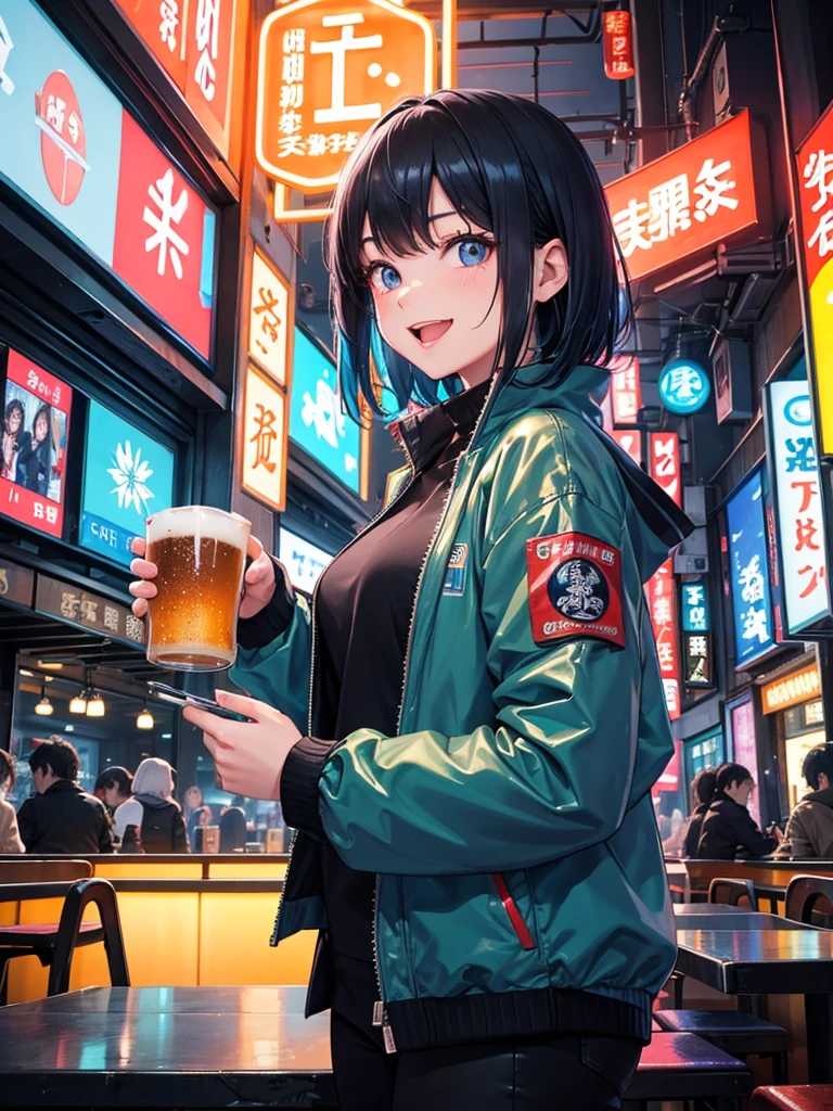 High resolution,Perfect Anatomy,Accurate anatomy,1 person ,Trending Hair,Trending Hair color,トレンドTシャツ
In a futuristic city of Tokyo, inside a cozy and modern izakaya, a joyful girl is holding a frosty mug of draft beer with both hands. She is laughing brightly, her face glowing with happiness. Neon lights from the cityscape and vibrant signs of the izakaya reflect off the glass windows. The girl has short black hair, styled neatly, and is wearing a casual outfit with a slight futuristic twist – like a sleek jacket and glowing accessories. The atmosphere around her is warm, lively, and full of cheer.