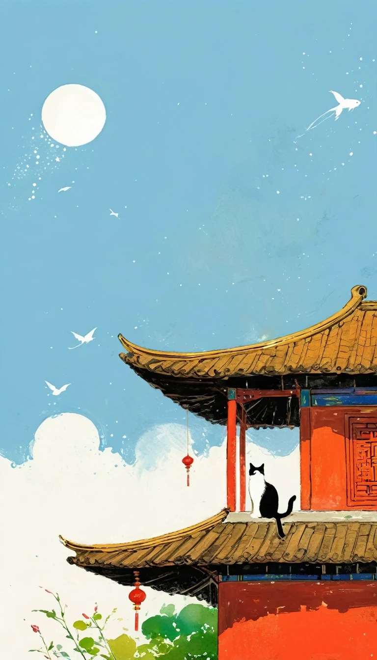 A painting，中国水墨画sketch：Light Ink，Lowercase，sketch，artistic conception，A cat on the roof，Fish in the sky，Minimalism，(((Negative Space,Bottom left composition)))