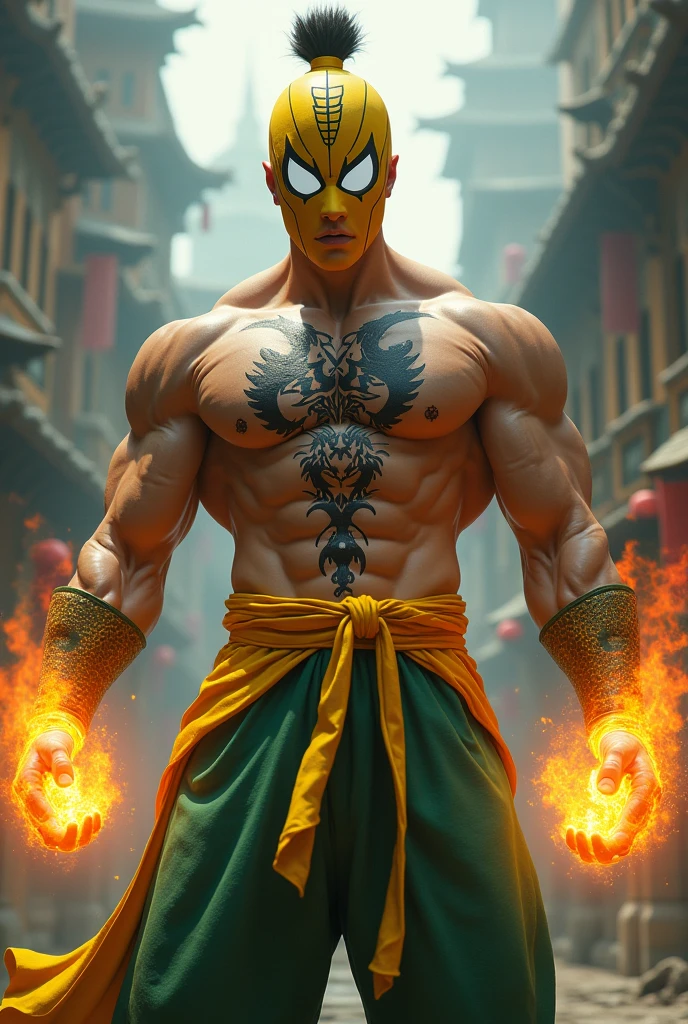1man, shirtless, martial arts, yellow iron fist mask, white eye patterns with black outline , muscular, green costume, yellow belt and boots, burning fists, black dragon tatto in middle chest, mystical city background