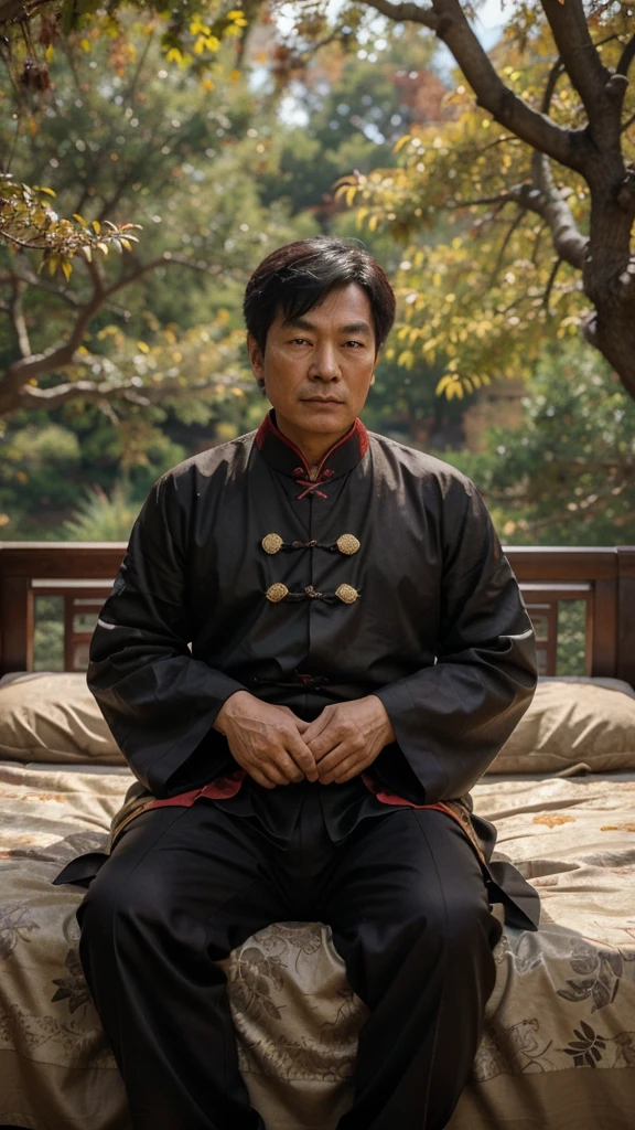 Asian man about 70 years old, wearing ancient Chinese feudal official costume, leaning on the bed and chair thinking about something, eyes looking into the distance, the scene has a large deciduous tree, autumn scene, dark color. image see man from afar