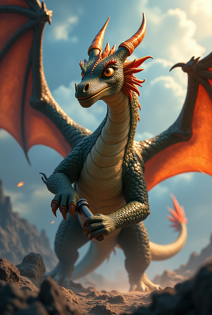 Disney dragon in battle, holding tool
