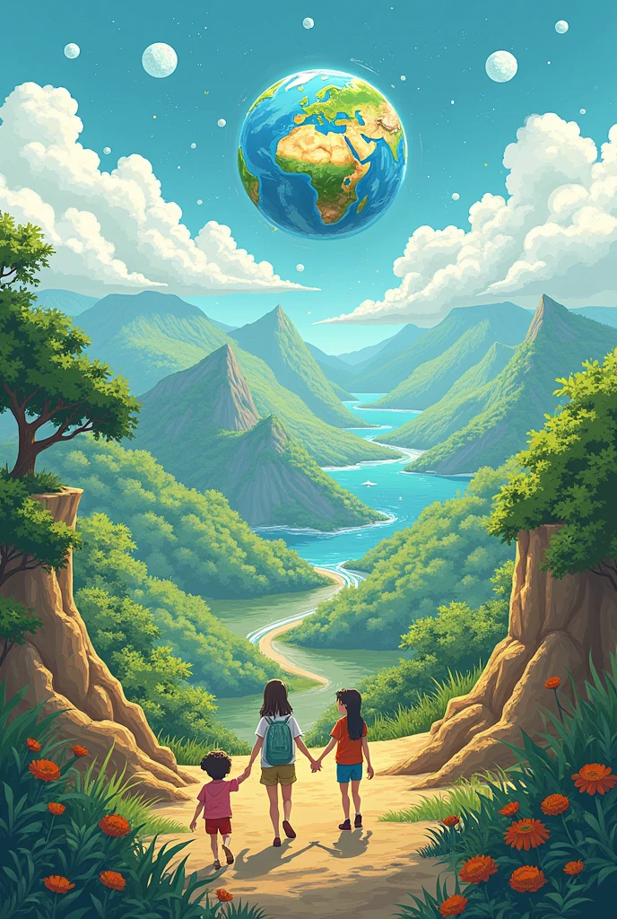 make me a poster that shows the benefits that people can get from the different subsystems of the earth in order to live, make it a concept cartoon full of drawings, make it realistic