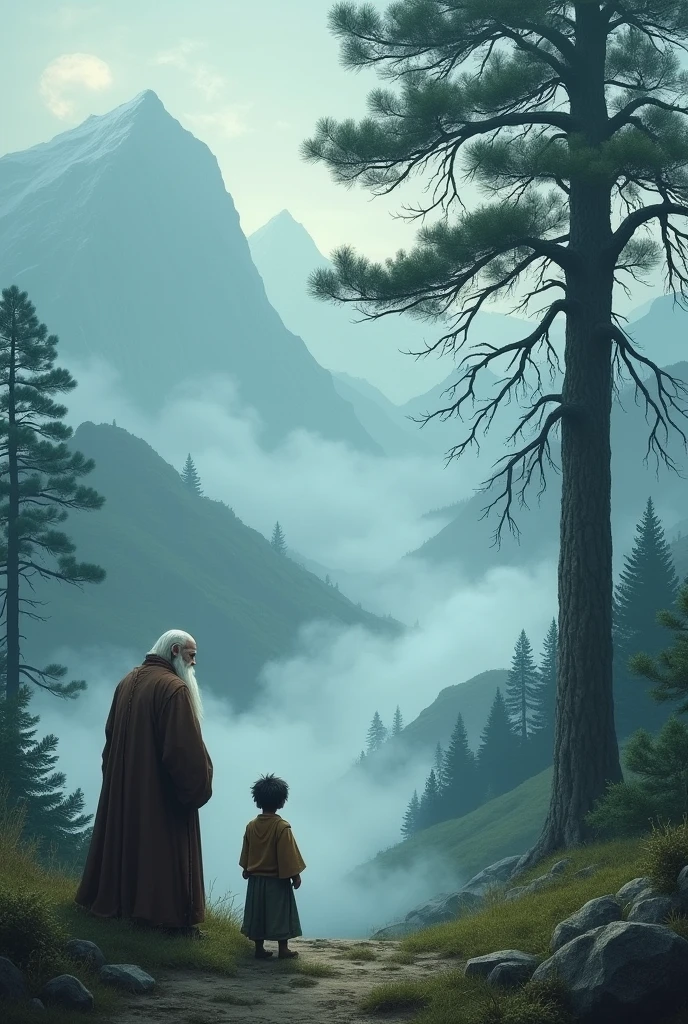 The following is an AI prompt rewritten based on this poem: In a mountain shrouded in mist,Under a sturdy, towering pine tree,An old man with white hair and beard was bending over, talking to a boy in ancient clothes。The old man was asking the boy where his master had gone to gather herbs。The boy replied that his master was gathering herbs in this mountain,But deep within the mountains, clouds lock the mist,It is difficult to see the exact location。Surrounded by verdant forests and rolling hills,White mist swirls among the mountains,The scenery is mysterious and deep。The overall tone of the image is dominated by bluish-green and grayish-white,It embodies a rustic and serene atmosphere。,
