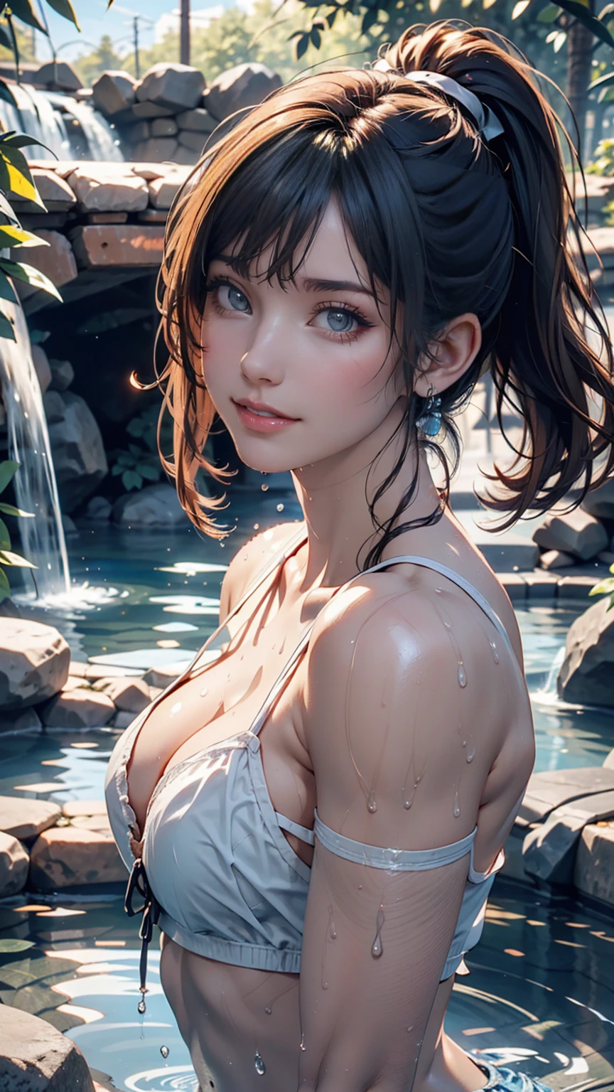 Night view, Close-up photo of Danelia Treshova, Small breasts, Bathing near a waterfall, Body immersed in water, slender cheeks, Wet Hair, Lift your chin, Fascinating face, Very good, stone, pure water, Showing cleavage, splashing water on the body, Realistic pores on the body, Looking up at the sky and smiling, Black ponytail, (blue eyes:  0.8), Beautiful adult face, 40s, Soft Volume Light, (Backlight: 1.3), (Cinematic: 1.3), Intricate details, (Art Station: 1.