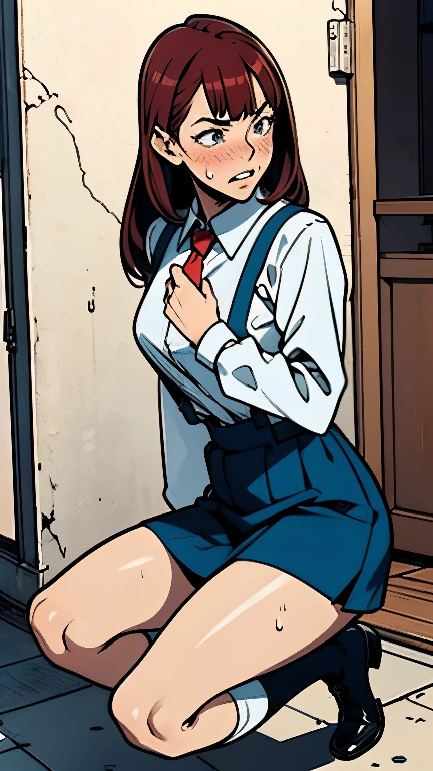 ,from below,{{masterpiece}}, {{{Highest quality}}},{{Very detailed}}, {{figure}},{{tall}},{{Adult female}},,{{Fighting stance}},{from side},{{Long sleeve mini skirt uniform}},{on one knee{}},}}{}},{fighting stance}},{},{}, ,{{Blue mini skirt}},{{Eyelet foot}},,{{blushing with anger}},{{}},,{{}},{{}},,Slender body}}{{Avoidance}}{{High School Girl Fighter}},,,,suspenders ,WHITE Long sleeve mini skirt uniform, White High Socks,Black fingerless gloves, Long Red Hair, Red tie,Straight hair ,Blunt bangs,Thigh holster,.amountn loafer,,blush,Wrinkles ,amount,Grit your teeth,suffering,v-shaped eyebrows.,Sweat dripping,Medium chest ,get annoyed,,Slums,,Twisting,
