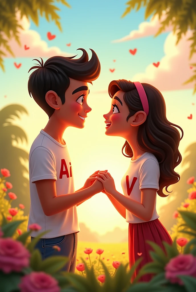 Couple of man and woman in love, lively, with initials on their shirt of Andrés and Valentina, proposing marriage 