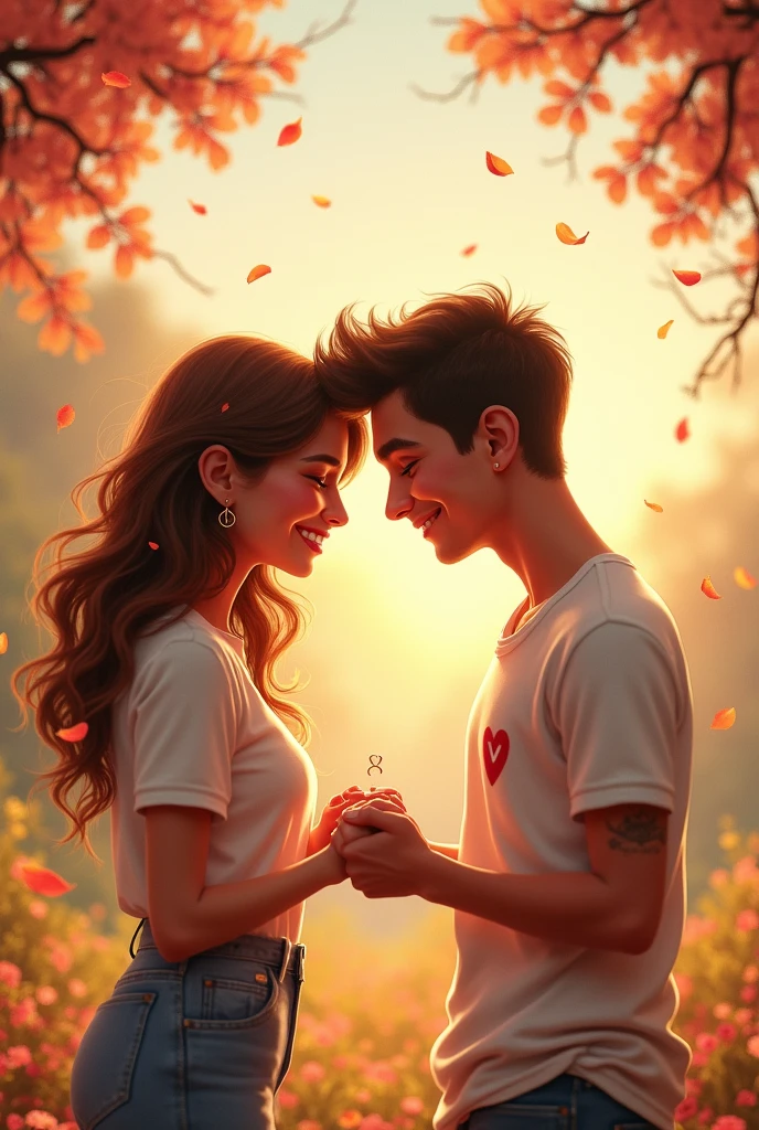Couple of man and woman in love, lively, with initials on their shirt of Andrés and Valentina, proposing marriage