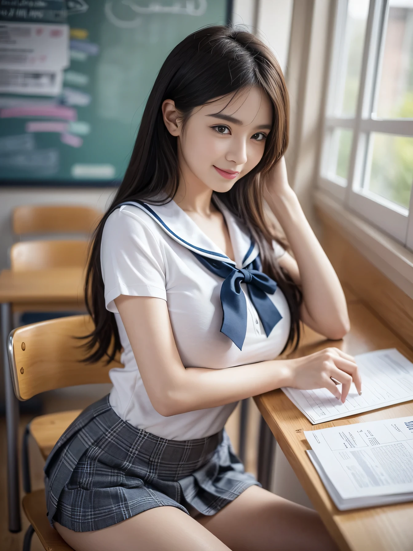 (((Good weather)))、(((Looking through the window glass、Up close composition)))、(((High school girls)))、((one person)), ((Highest quality)), (Very detailed), (Very detailed CG synthesis 8k wallpaper), Very detailed, High resolution RAW color photos, Professional photography, Black Hair, Long Hair、Great face and eyes, ((Traditional sailor uniform、White top with a navy ribbon、Black pleated skirt)), (((Beautiful big breasts))), (Stunningly beautiful alone), Depth of written boundary、((High resolution、Detailed classroom scene、Modern Schools、Classroom interior、Wooden desk and chair、Blackboard and whiteboard、Educational posters on the walls、Fluorescent lights on the ceiling、Bright and clean atmosphere、Polished wooden floor、Realistic Texture、Depicting every detail、4K quality、Ultra high definition、Professional Writing、illumination: "Soft natural light、Even fluorescent light illumination from the ceiling、Even brightness with minimal shadows" Farbe: "Warm Farbes、Walls are in soft pastel Farbes" composition: "Wide-angle shot、View of the entire room" Texture: "The wooden texture is realistically recreated、Chalk marks are visible on the blackboard"))、((Long Hairの、smile))