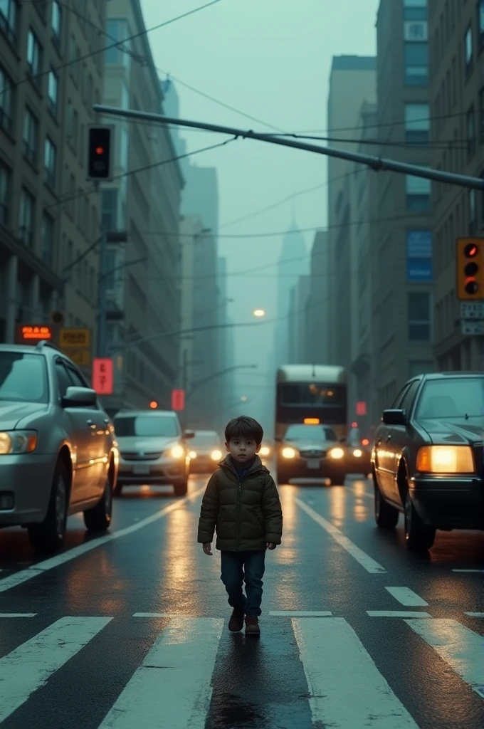 A boy is crossing the road, vehicles are moving, sad mood, dark