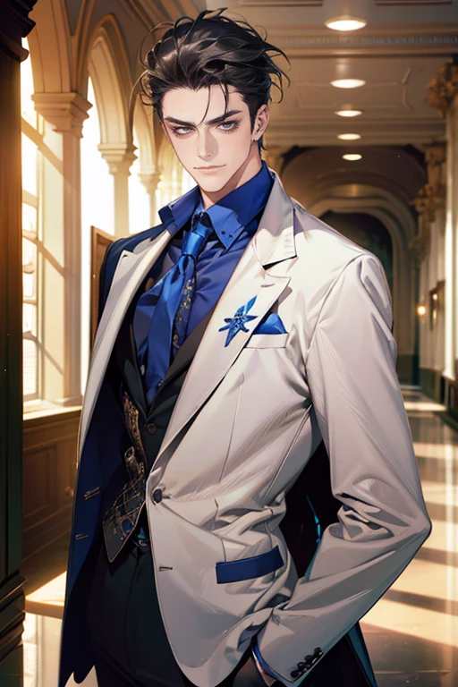 (tmasterpiece, high resolution, ultra - detailed:1.0), (1 man, mature male, masculine face), Perfect male body, tall and strong, Adult male, Delicate eyes and delicate face, Extremely detailed CG, Unity 8k wallpaper, Complicated details, Detailed face, (gray black hair, messy hair, blue eyes, serious faces, white shirts,Bad students), (frown,evil smile:1.3), stad in school corridor, street style, color difference, Depth of field, dramatic shadow, Ray tracing, Best quality, Cinematic lighting, offcial art,Portrait