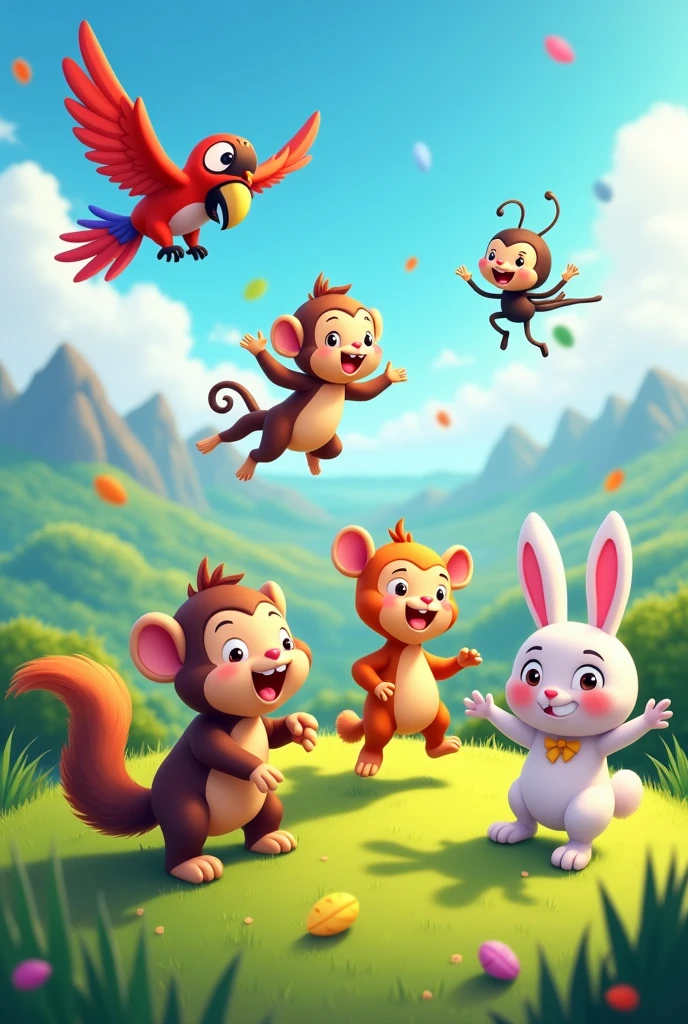 Image 5: Celebrating Together
The group celebrating at the hilltop with smiles and high-fives. The parrot is flying in the air, the monkey is playfully jumping, the ant is happily resting, and Timmy the rabbit is joyfully hopping around.