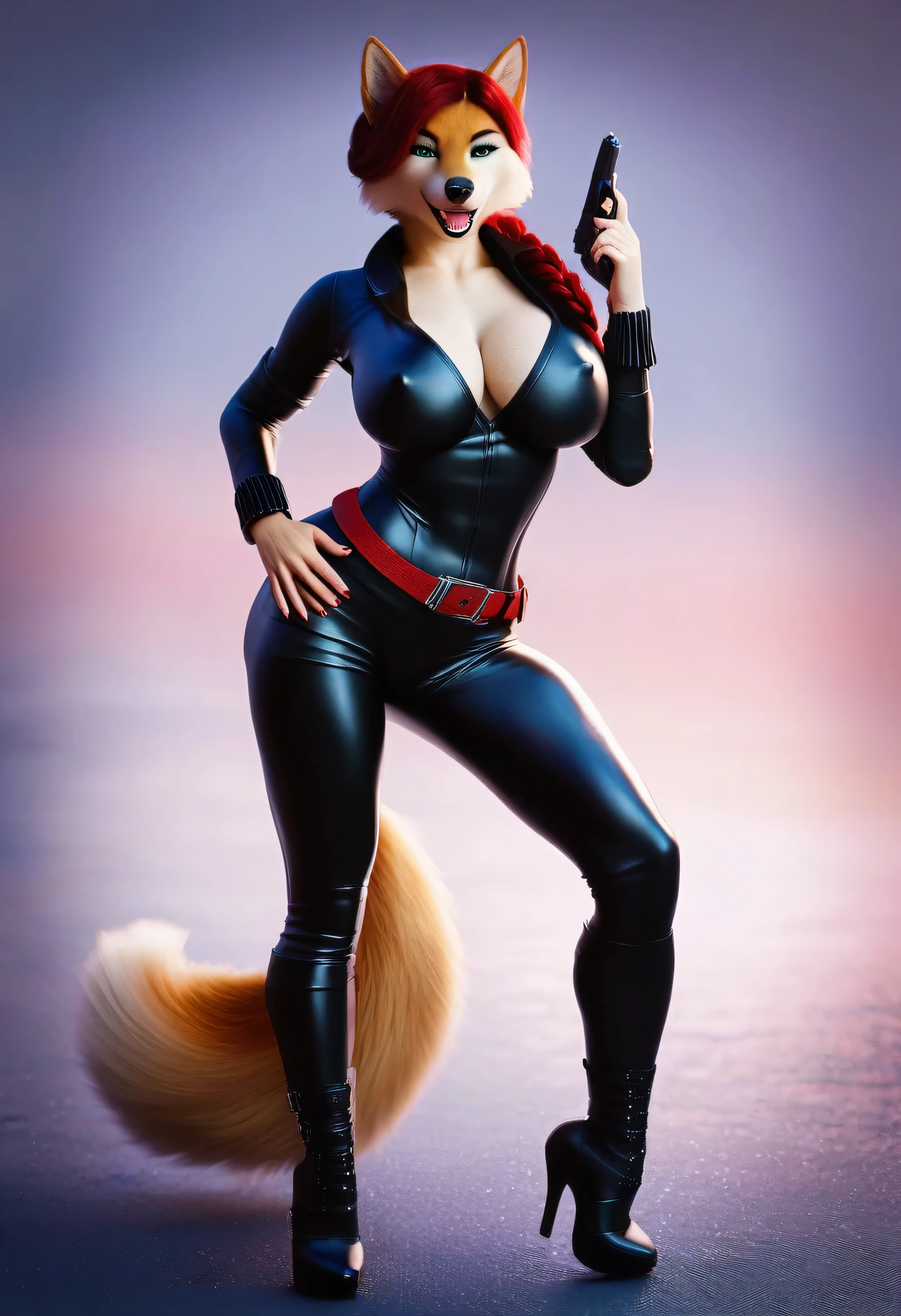 score_9, score_8_up, score_7_up, score_6_up, score_5_up, score_4_up, (source_furry), realistic, e621, female anthro husky dog furry, looking at viewer, seductive, beautiful detailed eyes, wearing a Black Widow from Avengers cosplay with black bodysuit, detailed fur, tail, voluptuous, hourglass figure, large breasts, nipple outline, cleavage, cinematic lighting, professional lighting