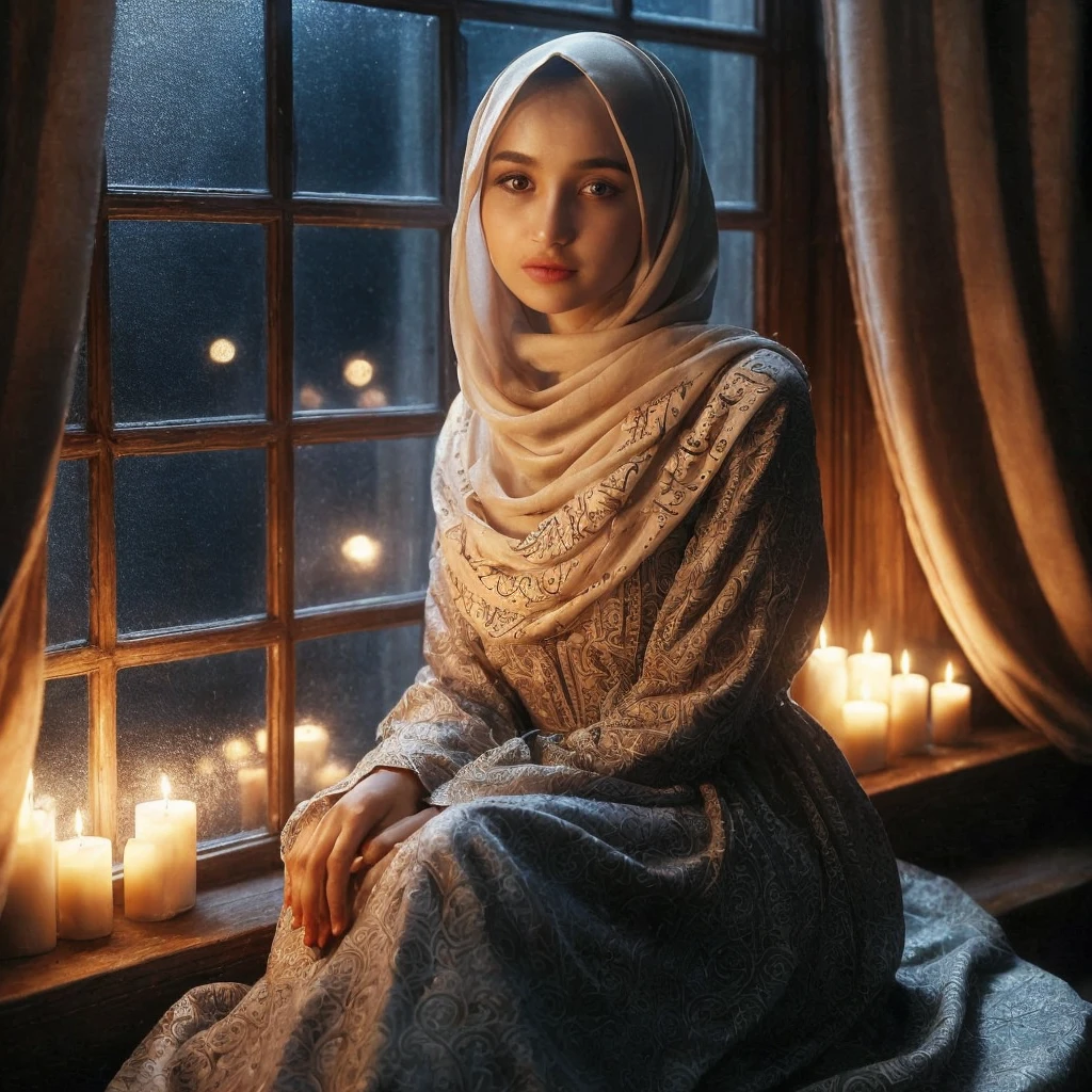 A Portraying a professionally shot art potography portrait, 8k uhd illustration of a highly detailed, sharp, vivid and ultra realistic representation of a beautiful 18 year old girl, with a round and clean face, sitting by the window at night, gazing at the viewer, wearing a cream hijab patterned with various Arabic letters until it covers the front chest, and wearing a slightly darker blue Muslim abaya dress with a full skirt, barefoot, candles burning on the sides of the window emitting a warm glow, a large window with multiple panes framed by billowing curtains, a blue night sky full of stars and moon, a quiet devotional atmosphere with a touch of romance or fun, a realistic portrait style with rich and warm tones creating intimacy in the atmosphere.the silence of a beautiful night
