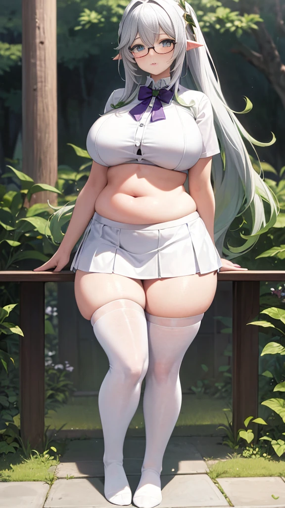 White shirt, long untied hair, pinched eyes, big , thick thighs, white panties, white thighhighs, dark purple hip skirt, no bra, glasses, plump, fat belly, full body