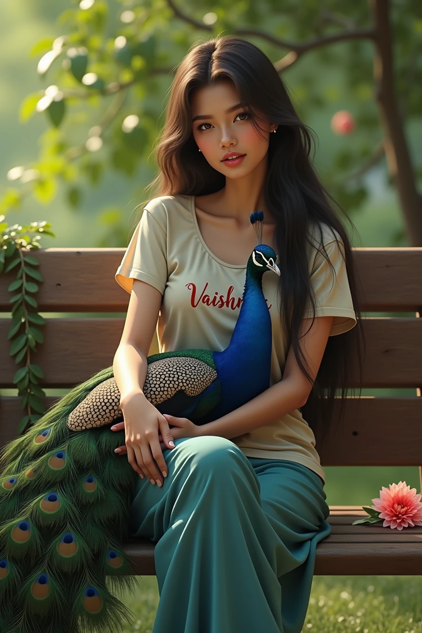(photorealism:1.2), beautiful woman, sitting on bench, wearing t-shirt, cuddling peacock, on t-shirt written vaishnavi, in the background there are natural environments, cozy space