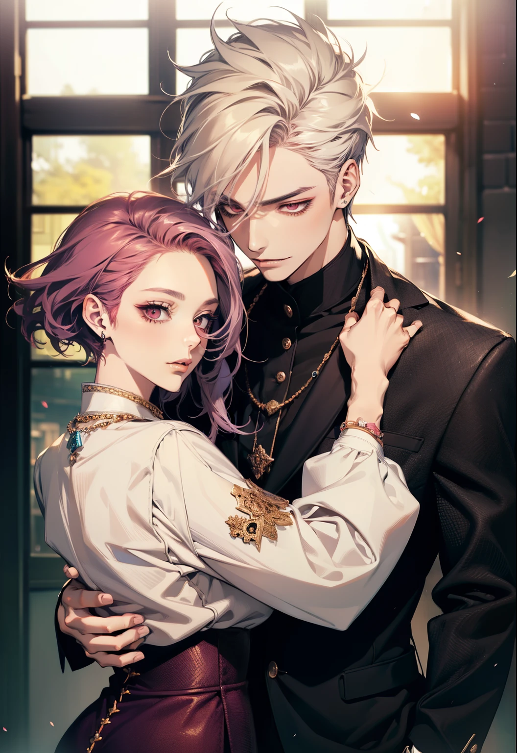 masterpiece, top-quality, 2Others, Male and female couples, 1 man and 1,, Adults, Height difference, different fashion, different color, finely eye and detailed face, intricate detailes, Casual clothing, Oversized shirt, Modern urban streets, Hands on back, A smile, Happiness, tenderness, high-level image quality、 beautiful male、tall、hug from behind、Trying to kiss、window、nightfall、nighttime scene、𝓡𝓸𝓶𝓪𝓷𝓽𝓲𝓬、Korean Male, Idol Photos, k pop, Professional Photos, Vampires, Korean fashion in black and white, By Fedman with a necklace, inspired by Sim Sa-jeong, androgynous vampire, :9 detailed face: 8, extra detailed face, detailed punk hair, ((asa)) baggy eyes, Seductive. Highly detailed, semi realistic anime, Vampires, hyperrealistic teen, delicate androgynous prince, imvu, short hair above the ears, Man with short hair, Woman with long hair, A man with a glaring expression and a woman with a gentle expression, With a short-haired man with bright purple hair, Woman with pretty long pink hair
