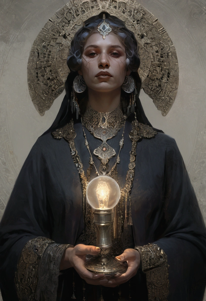 a close up of a person holding a light in their hand, yuri shwedoff and tom bagshaw, jen bartel, inspired by Petros Afshar, priestess, art deco shaman, by Petros Afshar, high priestess, portrait of a digital shaman, portrait of a priestess, anato finnstark and alena aenami