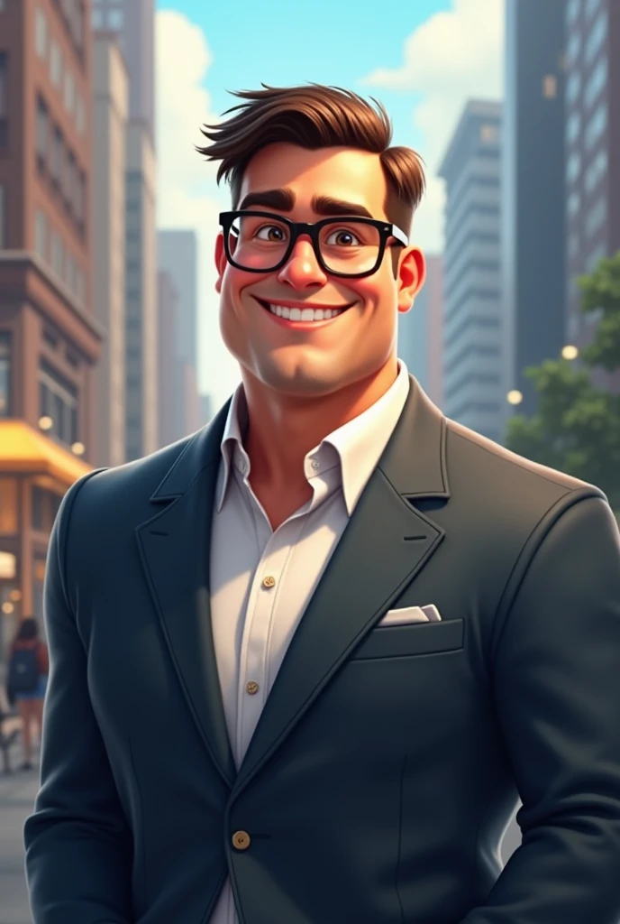 30 year old man with glasses no facial hair short thin hair stocky build businessman disney style character