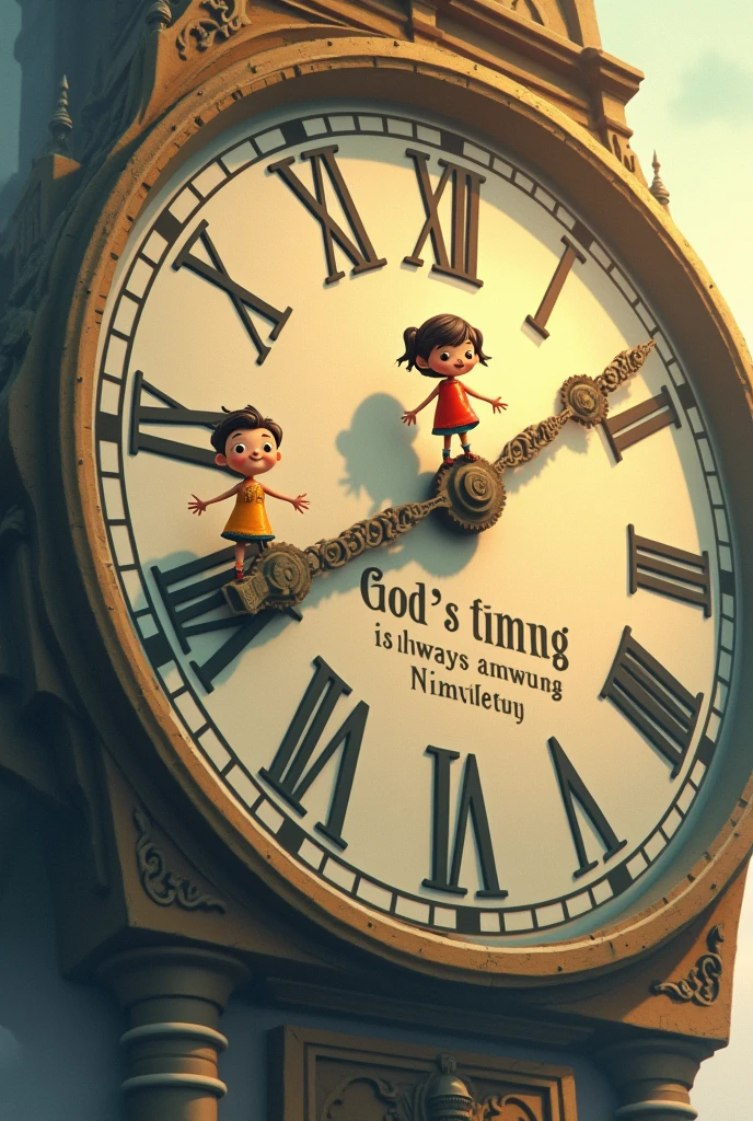 An image of cartoon boy and girl standing on two hands of a clock that saying god's time is always perfect