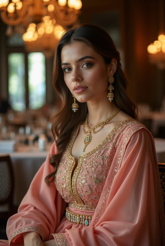 A 25-year-old woman who resembles Ayeza Khan is seated in a chair at a restaurant. She is wearing a traditional Eastern dress with no skin showing. The picture captures her from head to toe, taken from a distance to show the full setting and outfit. The restaurant ambiance is elegant, adding to the overall scene."
