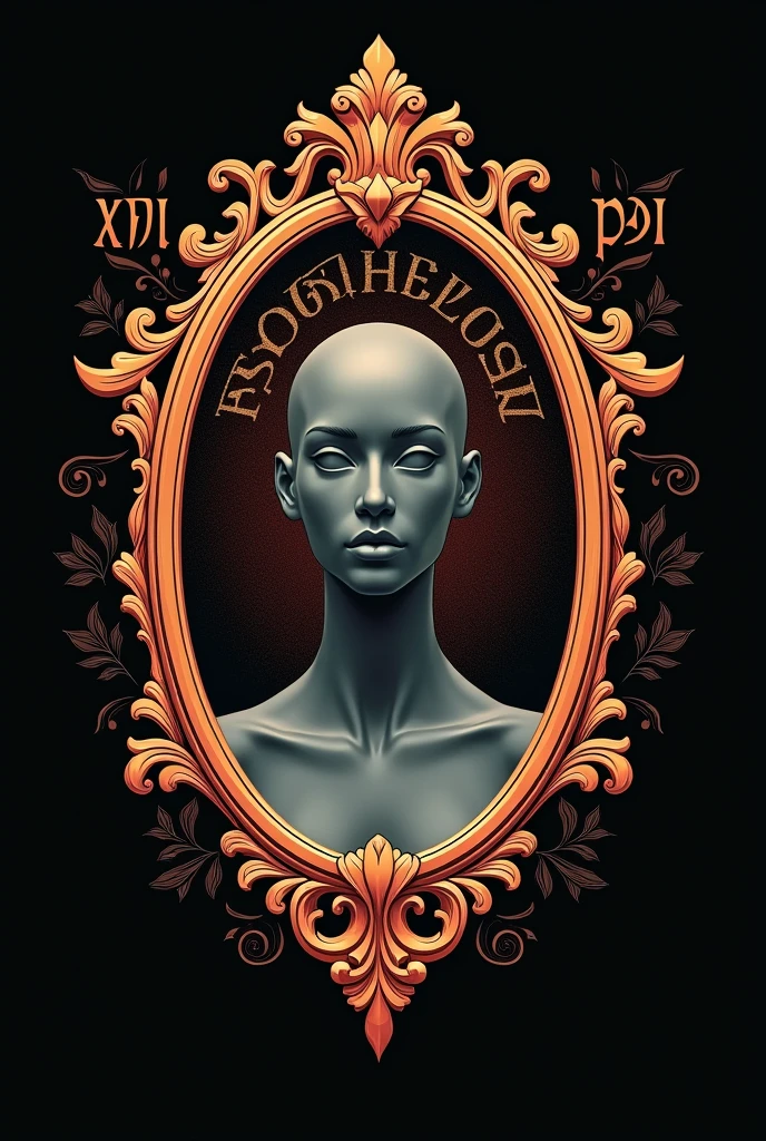 make a black T-shirt print with a print of a copper-colored Rococo-style mirror with the interior reflecting only the head and neck of a gray-toned stylized mannequin. Behind this mirror the writing "psychology" and the Greek letter (psi)  stylized in a distorted form in gold and copper colors.