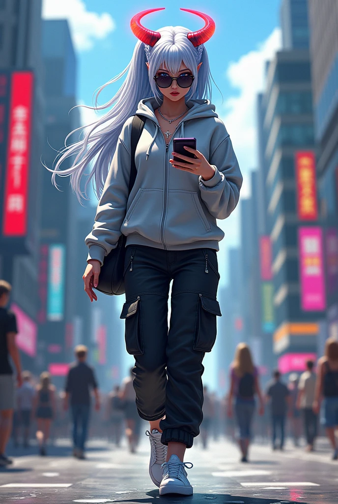 demon girl, rainbow colored halo,white and blue hair ,silver cross necklace,Sunglasses, silver gray sweatshirt, black cargo pants,WHITE TENNIS, earphones, holding her cell phone, walk through a big city