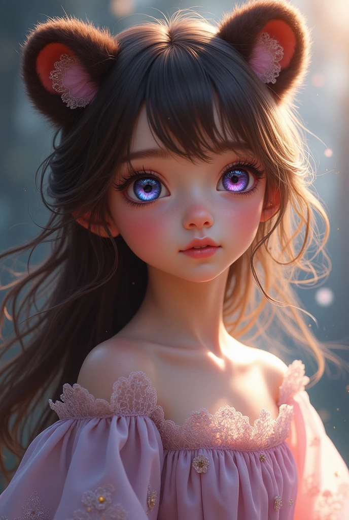 A girl with bear ears,The color of her hair is brown,the eyes are bright purple and with a beautiful dress 