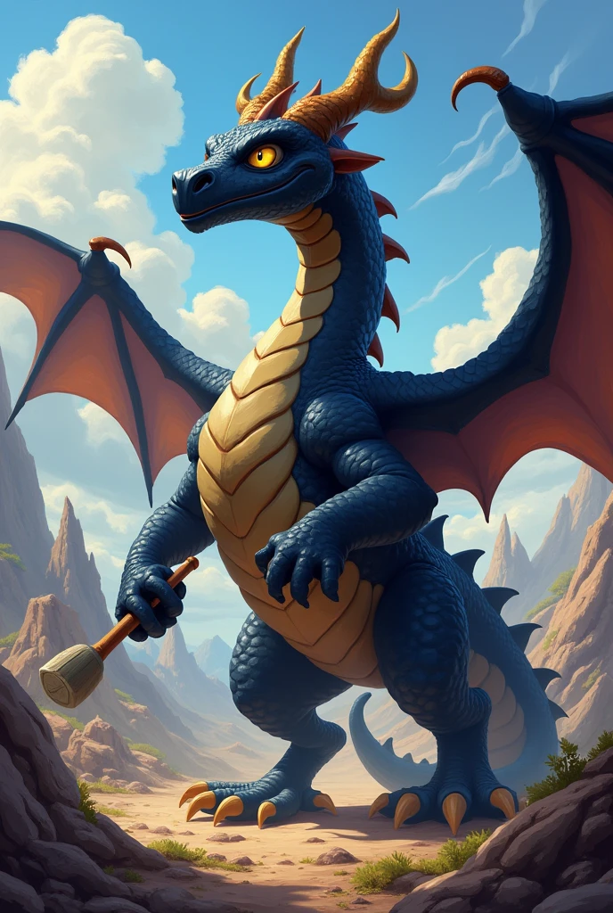 strong black dragon in disney cartoon format in battle, holding tool