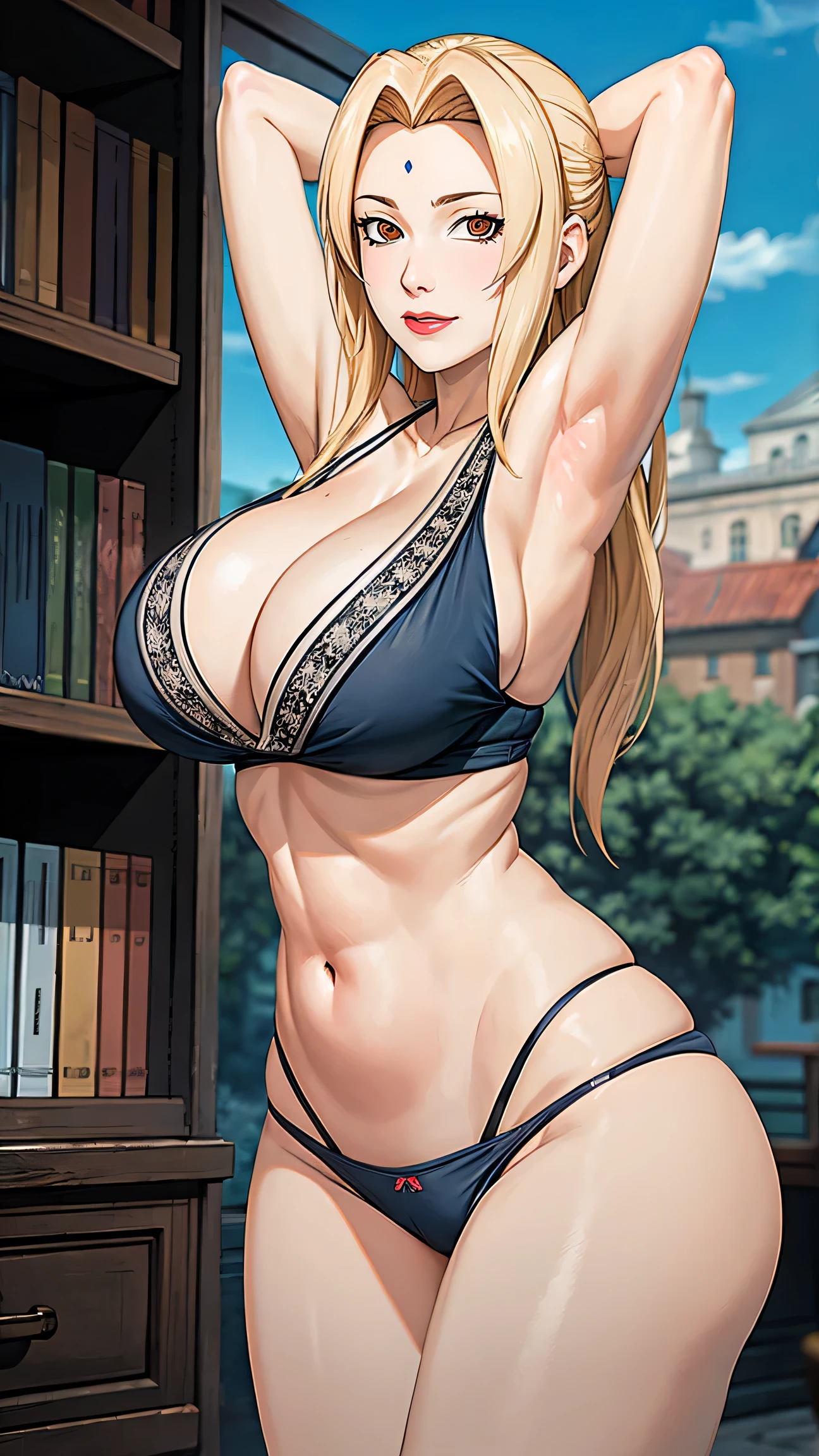 (big tits), slim waist, cleavage, good anatomy, masterpiece, red panties, best quality, 4k, 8k, professional photography, soft light, sharp focus, 1 girl,  blonde hair, nipple, kimono, (mountain), clouds, blonde hair, parted banks, detailed face+brown eyes, smile, closed lips, lipstick, bookshelves, hands up, armpit, ((panties))