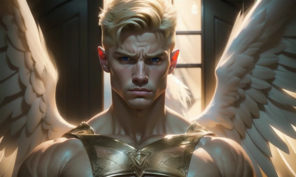 [((highly detailed, detailed eyes, detailed face, clear and realistic facial features, photorealistic, realistic light, cinematic)), (1 man), (((((Gorgeous perfect sexy powerful masculine male angel))))), (((two large white wings coming from his back))), ((faint halo)), ((((short blond hair, pale eyes)))), ((35 years old)), ((wearing flattering masculine angelic clothes)), (((aura of divine power))), standing in a cozy apartment at nighttime, ((light blush)), ((imposing powerful pose)), (((wearing an annoyed expression)))]