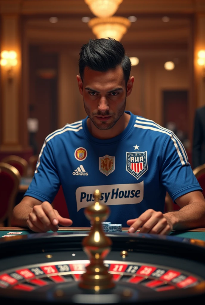 JAMES RODRÍGUEZ playing casino roulette with a sports shirt of the Colombian team ATLÉTICO BUCARAMANGA with an advertisement from the sponsor called “PUSSY HOUSE”