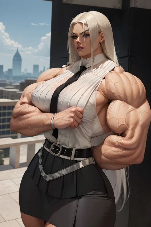 ((Close-up)), tall, (White hair) beautiful muscular woman, long straight hair, brown skinned, closed smile, (black lipstick), (massive muscles), (hyper muscle), ((ginormous bulky muscles)), blue eyes, (((sleeveless white pleated shirt))), (((black pencil skirt with belt))), (fingerless gloves), (crossed arms), necktie, high heels, in a rooftop, 