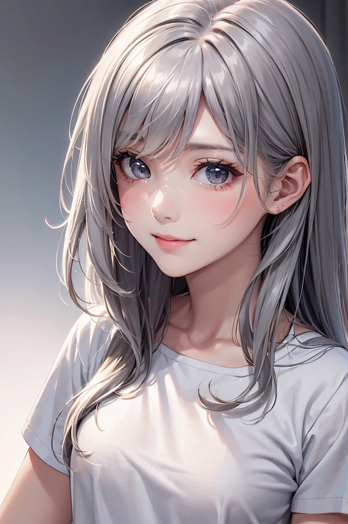 Best Quality,High resolution,8k,finelity detailed background,Masterpiece:1.2),beautiful girl,Glossy romance gray hair,messy hair,Gray eyes,Gentle look,A refreshing look,smile,Best quality,Best Quality,Aesthetic and aesthetic:1.2,Best details((Super detailed))(High-definition CG illustrations),cropped shirt,Slender body,Background white,smile,blush,cute,Scrounge,Looking up,Being spoiled,super model