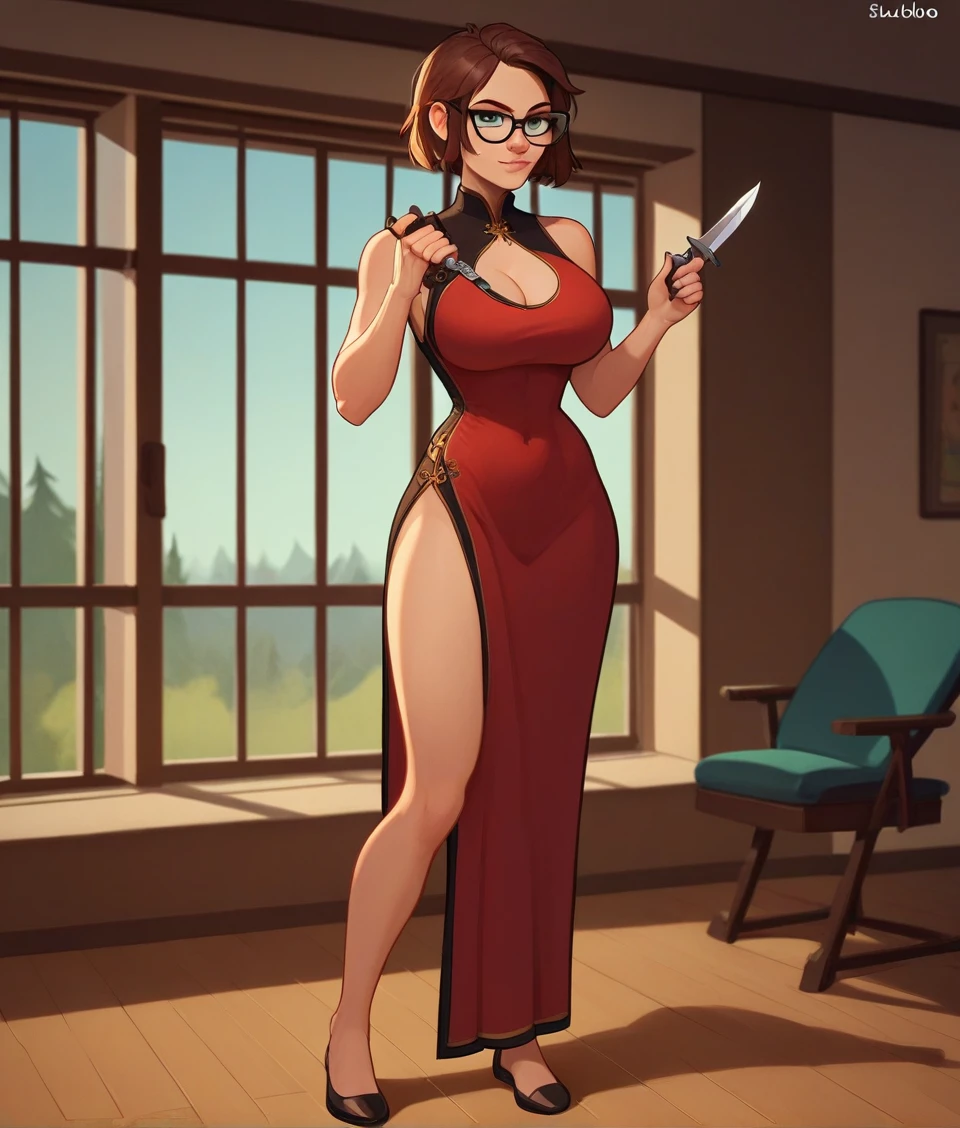 24 yo girl, lisaloud, 1girl, solo, indoors, training room,  black cheongsam, holding a dagger, dagger, throwing dagger at you, large breasts, sexy, full body view, glasses, looking at viewer, brown hair, shorti, score_9, score_8_up, score_7_up,