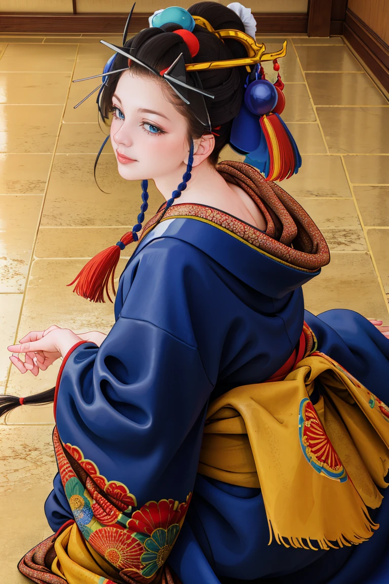 NSFW,
fullbody of 1 girl lying on the floor, alone, looking at the viewer, smile, blue eyes, black hair, hair ornaments, Upper body,too much reveal on kimono, kimono, From the side, lips, compensate, tassel, rope, eye shadow, red kimono, shimenawa, hairpin,